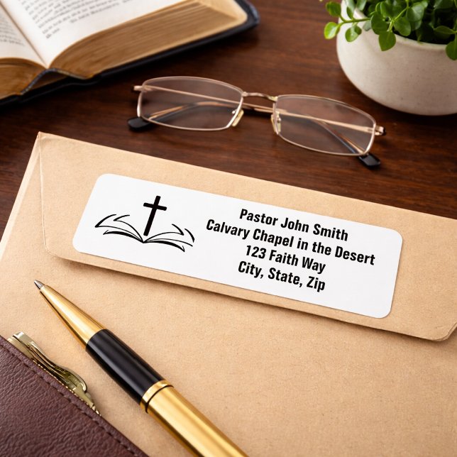 Open Bible Christian Cross Return Address Label (Creator Uploaded)