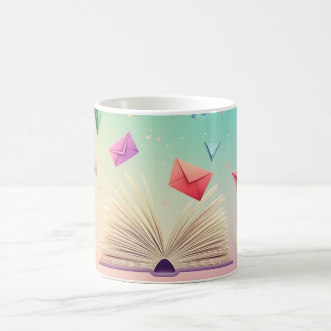 open book from which paper aeroplanes and colourfu coffee mug (Center)