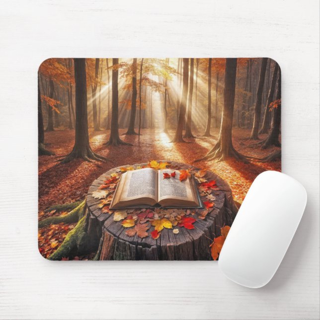Open Book On Autumn Tree Stump Mouse Pad (With Mouse)