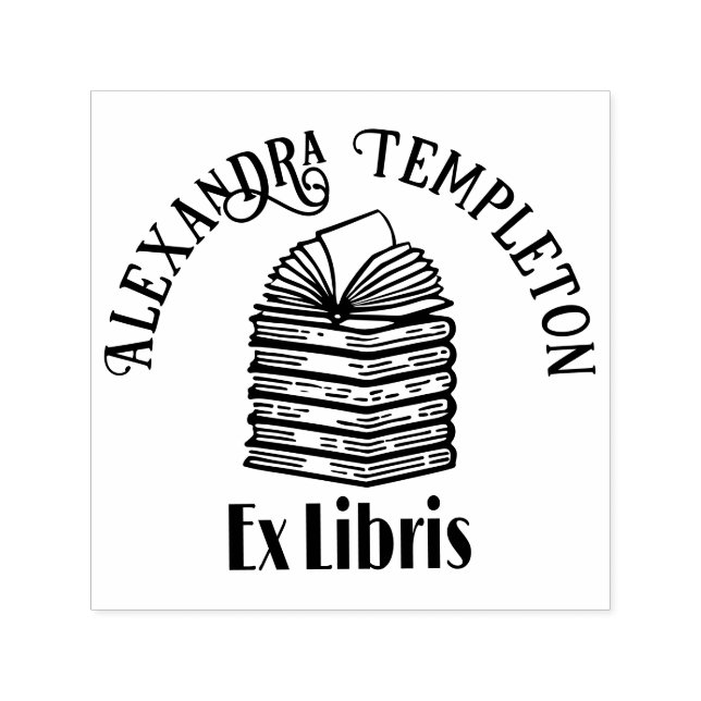 Open Book on Book Stack R3-2 Library Book Name Self-inking Stamp (Design)
