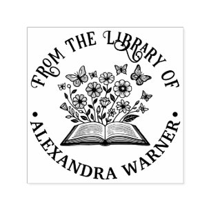 Open Book Wild flowers, Butterflies Library Name Self-inking Stamp