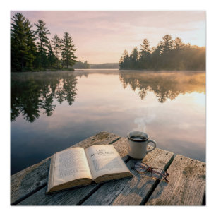 Open Book With Coffee On a Lake Dock Poster