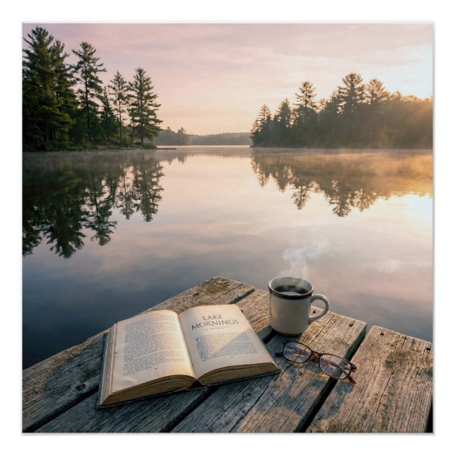 Open Book With Coffee On a Lake Dock Poster (Front)