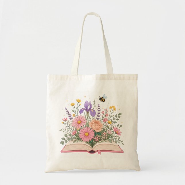 Open Book with Erupting Wildflowers and Bee Tote Bag (Front)