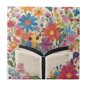 Open Book with Watercolor Flowers Tile