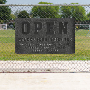 Open Business Hours Embossed Black Vegan Leather  Banner