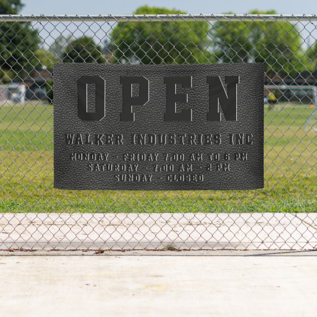 Open Business Hours Embossed Black Vegan Leather  Banner (Insitu)