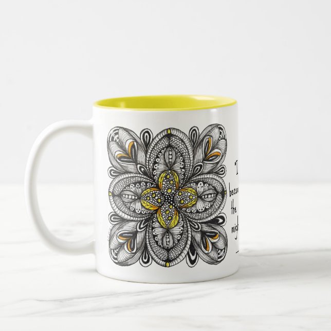 Open Flower Hand-Drawn Doodle with Coffee Quote Two-Tone Coffee Mug (Left)