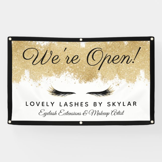 Open For Business Gold Black Eyelash Beauty Salon Banner (Horizontal)