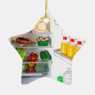Open fridge filled with food ceramic tree decoration