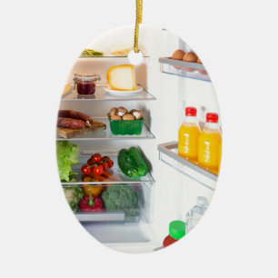 Open fridge filled with food ceramic tree decoration