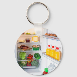 Open fridge filled with food key ring