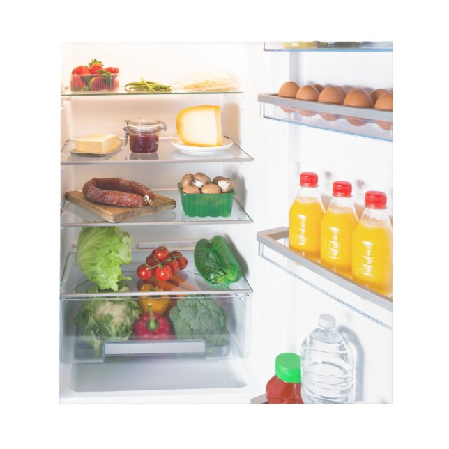 Open fridge filled with food notepad (Front)