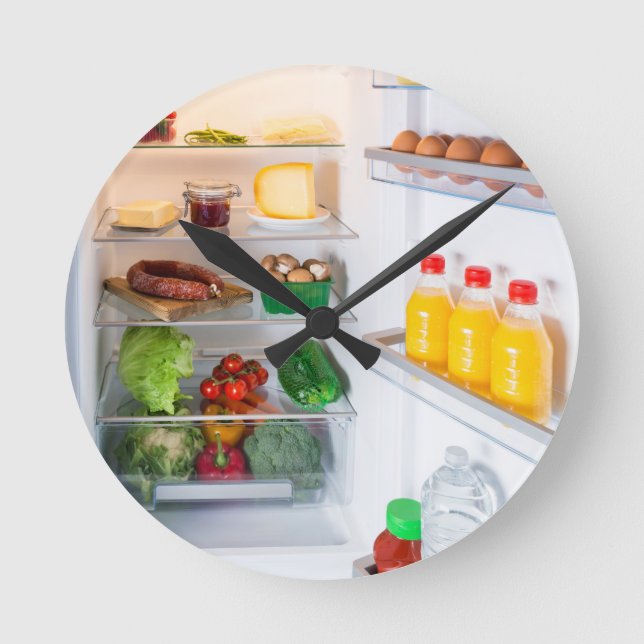 Open fridge filled with food round clock (Front)