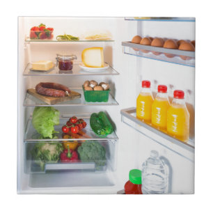 Open fridge filled with food tile