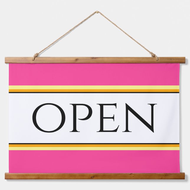 OPEN Fun Bright Pink White Yellow Orange Stripes Hanging Tapestry (Front)