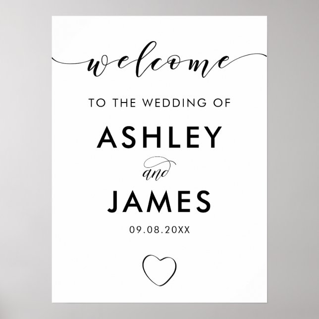 Open Heart Wedding Welcome Sign, Black & White Poster (Front)