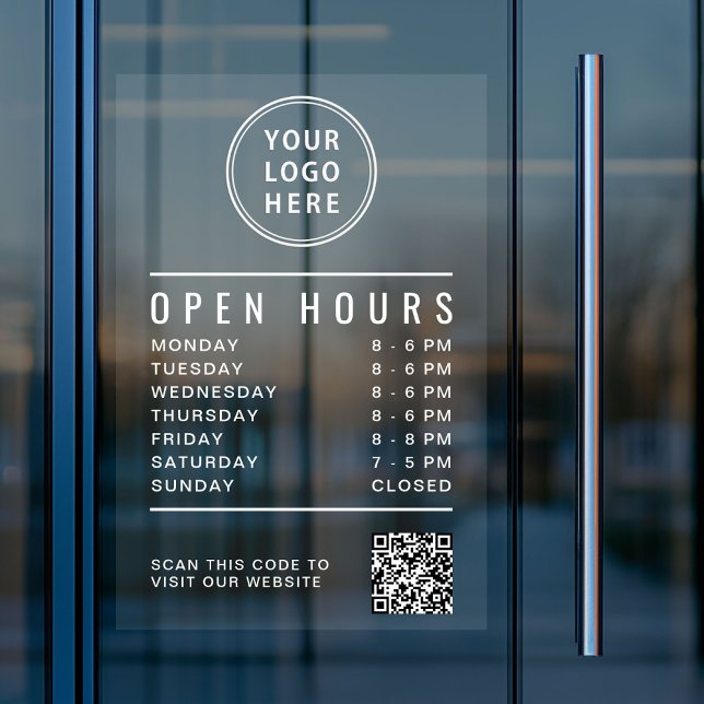 Open Hours QR Code Business Logo White Lettering (Open Hours QR Code Business Logo White Lettering Window Cling)