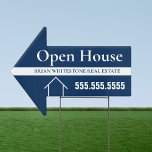 Open House Navy Blue Real Estate Company Yard Garden Sign<br><div class="desc">This bold navy blue and white Open House arrow yard sign is custom made with your realty company name. Point home buying clients to the right house with this personalised sign for a realtor or real estate business.</div>