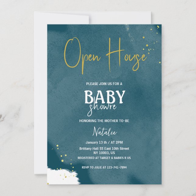  open house navy blue sprinkle gold baby shower invitation (Front)