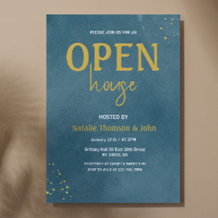 open House Navy Blue Sprinkle Gold Invitation