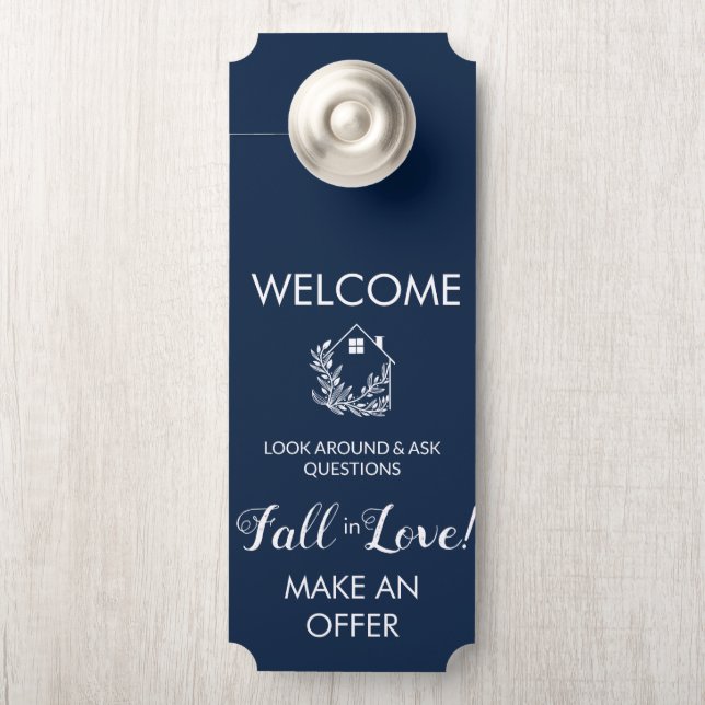 Open House Navy white Welcome Door Hanger Sign (On Knob)