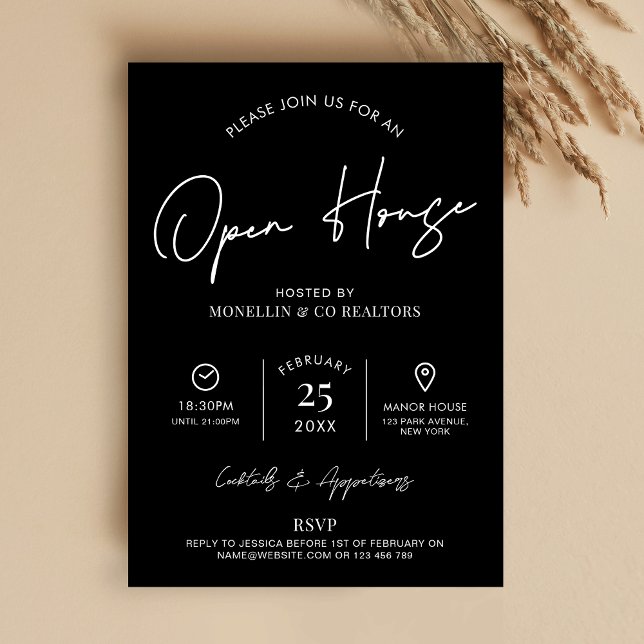 Open House Real Estate Minimalist Black & White Invitation (Minimalist black and white open house event invitation)