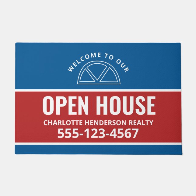 Open House Real Estate Red Blue Welcome Porch Sign Doormat (Front)
