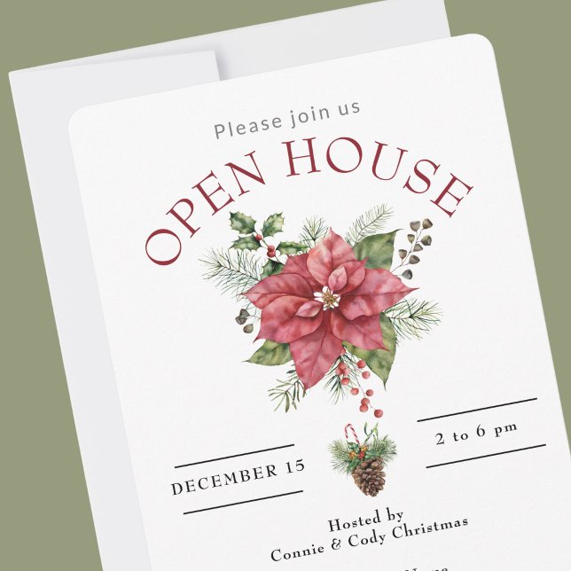 OPEN HOUSE RED CHRISTMAS POINSETTIA INVITATION (Holiday Open House Invitations)