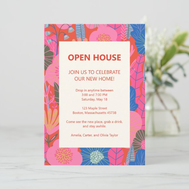 Open House Tropical Floral Pink Red Housewarming Invitation (Standing Front)