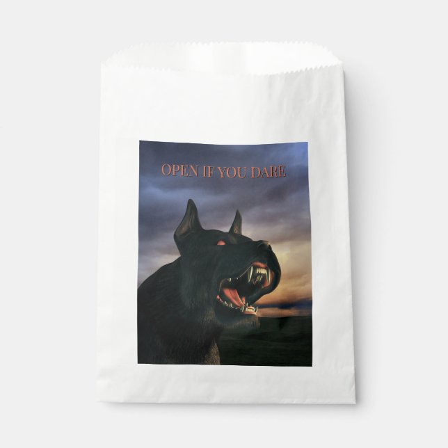 Open If You Dare. Big, black dog Favour Bags (Front)