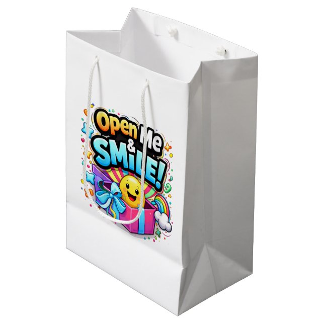 Open Me & Smile Gift Bag – Fun Party Illustration (Front Angled)