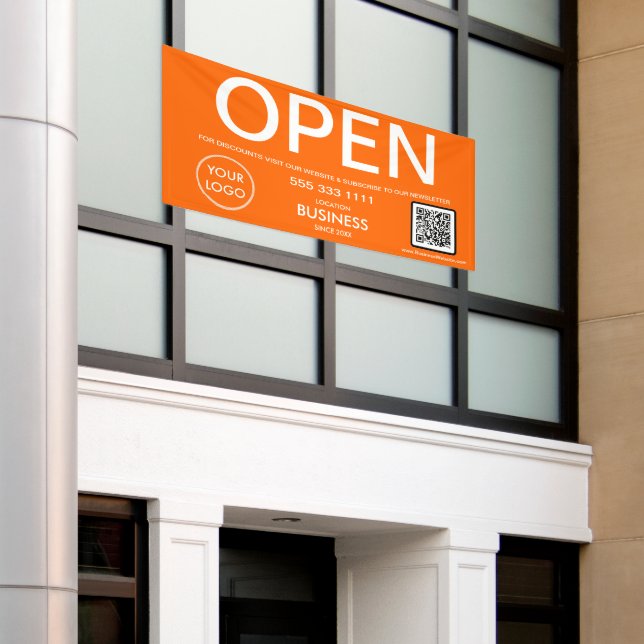 OPEN Modern Orange Business Logo QR Code  Banner (Outside Building)