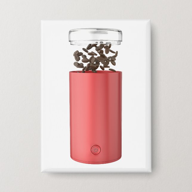 Open red electric coffee grinder with coffee beans (Front)