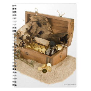 Open replica of treasure chest on sand spiral notebook
