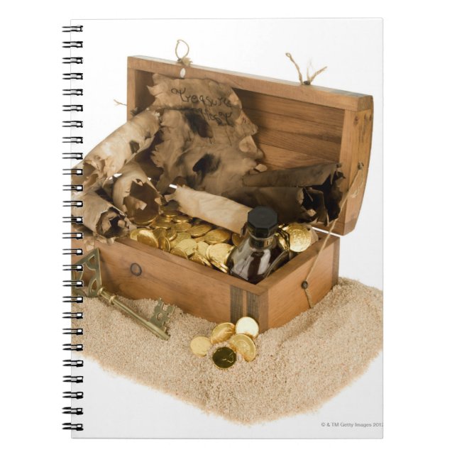 Open replica of treasure chest on sand spiral notebook (Front)