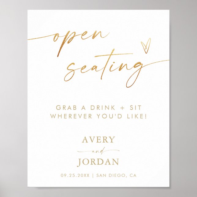 Open Seating Sign | Gold Foil Effect Wedding Sign (Front)