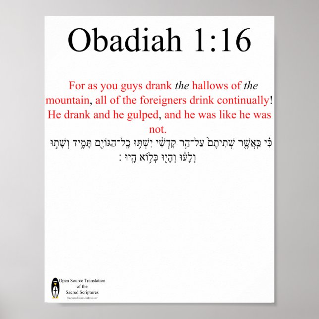 Open Source Translation Obadiah 1:16 Poster (Front)