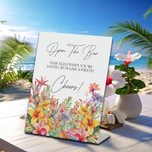 Open Tiki Bar Tropical Luau Bridal Shower Pedestal Sign