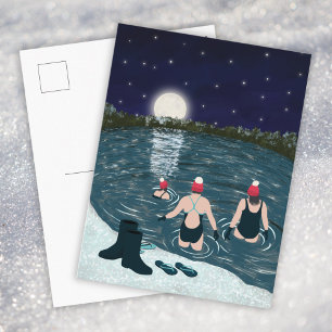 Open water swimming in a lake with snow Christmas Holiday Postcard