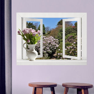Open Window onto Garden with Pink Tulips Poster