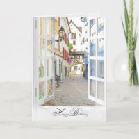 open window view of old Austrian town birthday