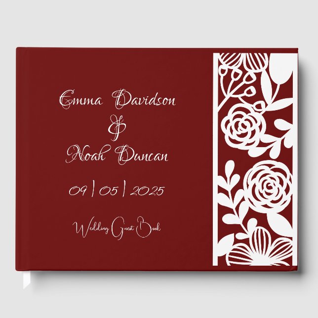 Open-Work Elegant Maroon-Burgundy Wedding Guest Book (Front)
