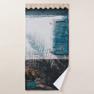 OPENED BLUE LOUVERED WINDOWS BATH TOWEL