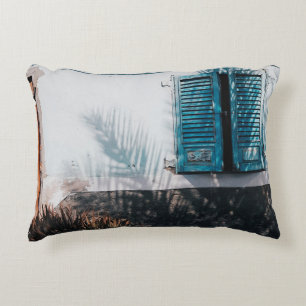 OPENED BLUE LOUVERED WINDOWS DECORATIVE CUSHION