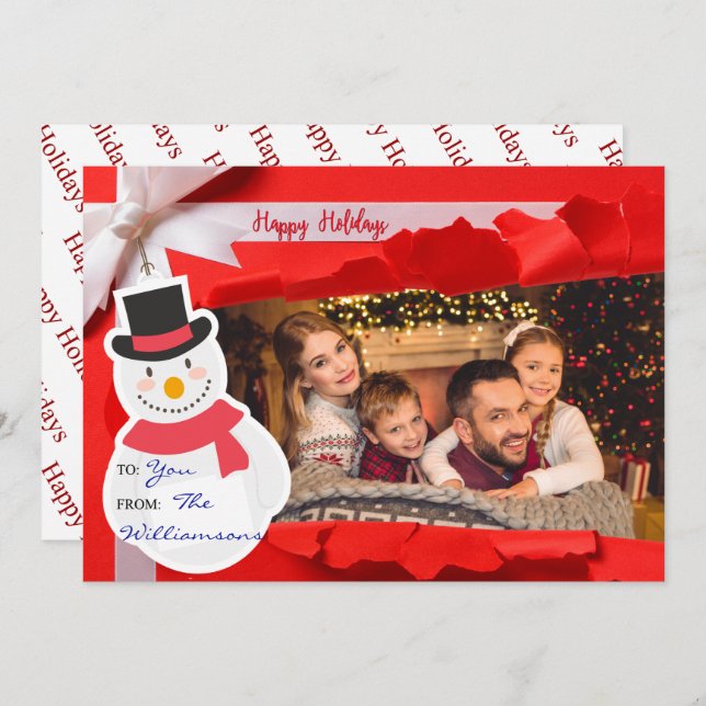 Opened Gift Reveals Family Photo Happy Holidays Holiday Card (Front/Back)
