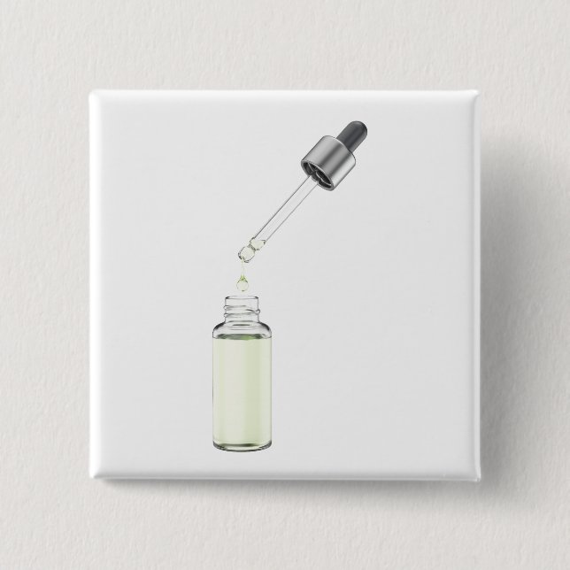 Opened glass dropper bottle with pipette 15 cm square badge (Front)