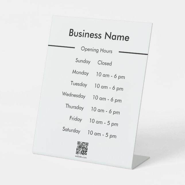 Opening Hours Business Name QR Code White Pedestal Sign (Front)