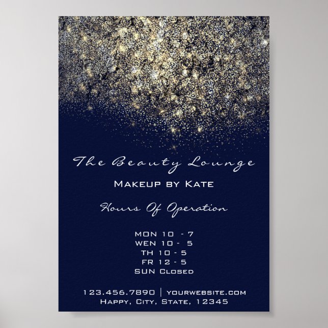 Opening Hours Gold Blue Navy Confetti Sequin Poster (Front)