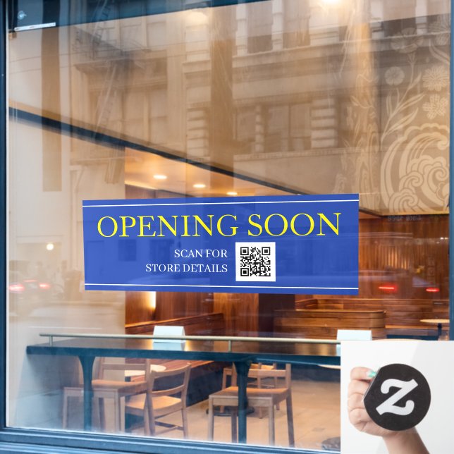 OPENING SOON Sign, QR Code, Message Blue/White/Yel (Cafe Window)